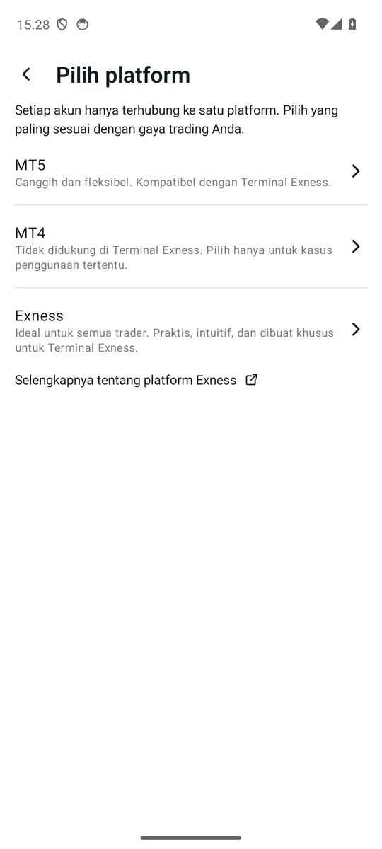 Pemilihan platform yang menampilkan MetaTrader 4 dan keterbatasannya pada Terminal