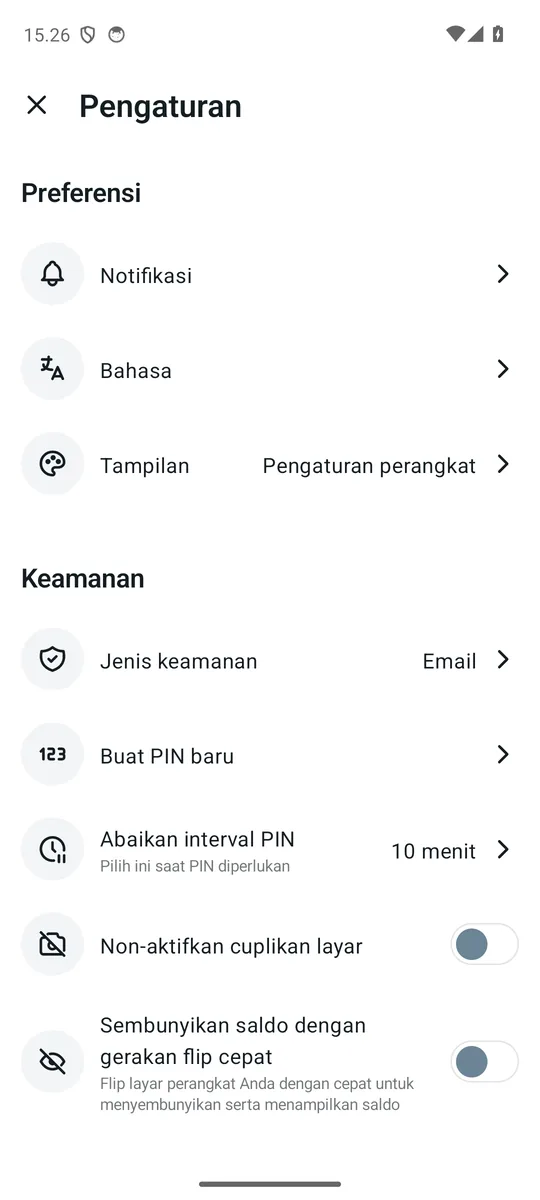 Layar pengaturan keamanan yang menampilkan metode faktor kedua disetel ke email